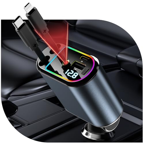 車 充電器 巻き取り式充電ケーブル 【RGBで彩る星空天井】4台同時充電可能 usb cタイプ LED表示電圧 Type-C120W/Lightning 25W 急速充電 i-Phone 16/15/14/13/12, Galaxy S22/S21 UItra, Xperia, i-Pad対応 12V-24V車対応 カー用品 車用品 出張 旅行